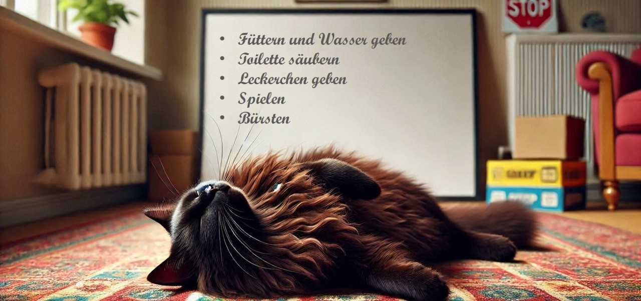 Eine entspannte Katze auf dem Teppich vor einem Bilderrahmen mit einer Stichtwortliste für Katzensitter Dienstleistungen