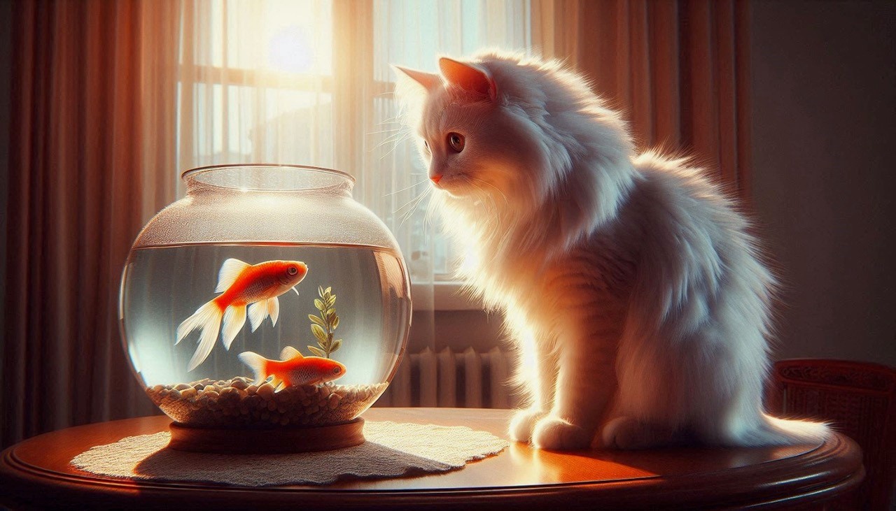 Eine KI-Katze betrachtet Goldfische in einem runden Goldfischglas. Die Katze sitzt auf einem Tisch vor einem Fenster.
