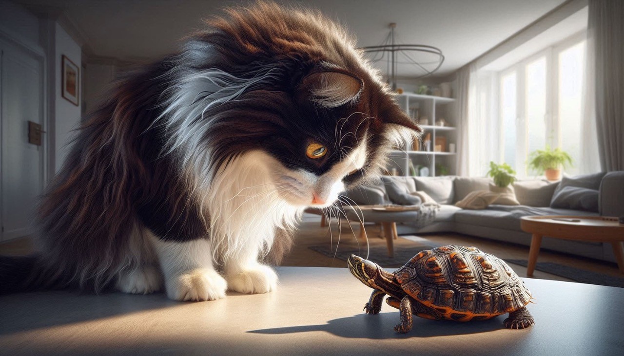 Eine KI-Katze betrachtet eine Schildkröte. Beide sind in einem Wohnzimmer.