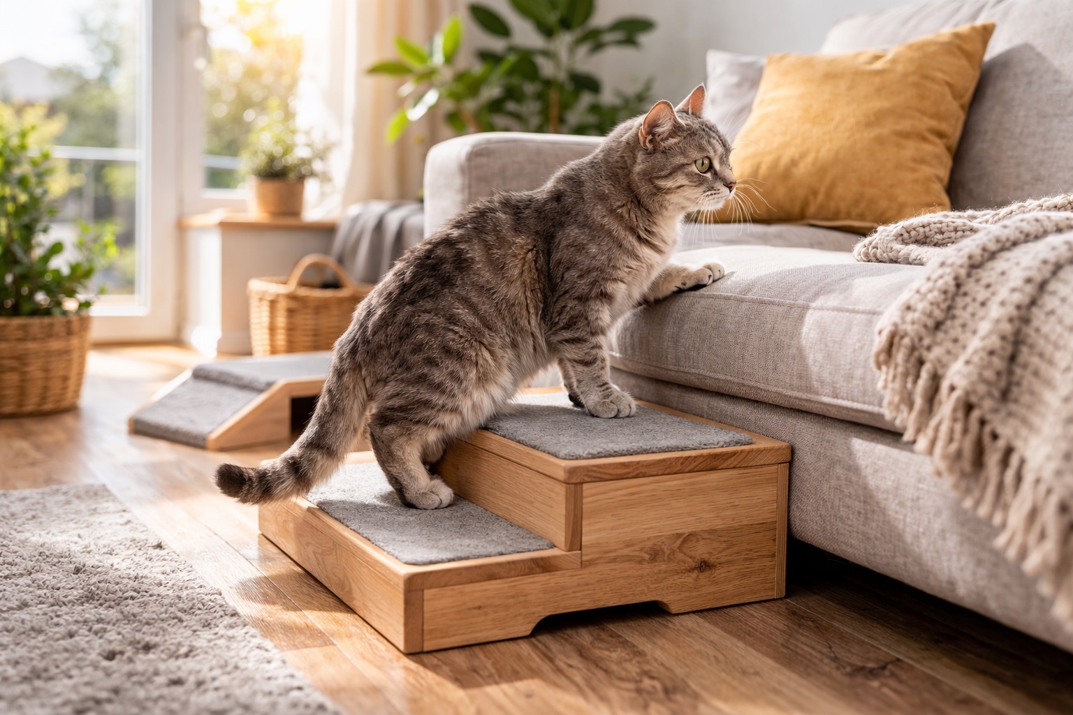 Ältere grau getigerte Hauskatze steigt über eine zweistufige Holzrampe auf ein Sofa in einem hellen Wohnzimmer und nutzt eine angepasste Aufstiegshilfe zur gelenkschonenden Bewegung.