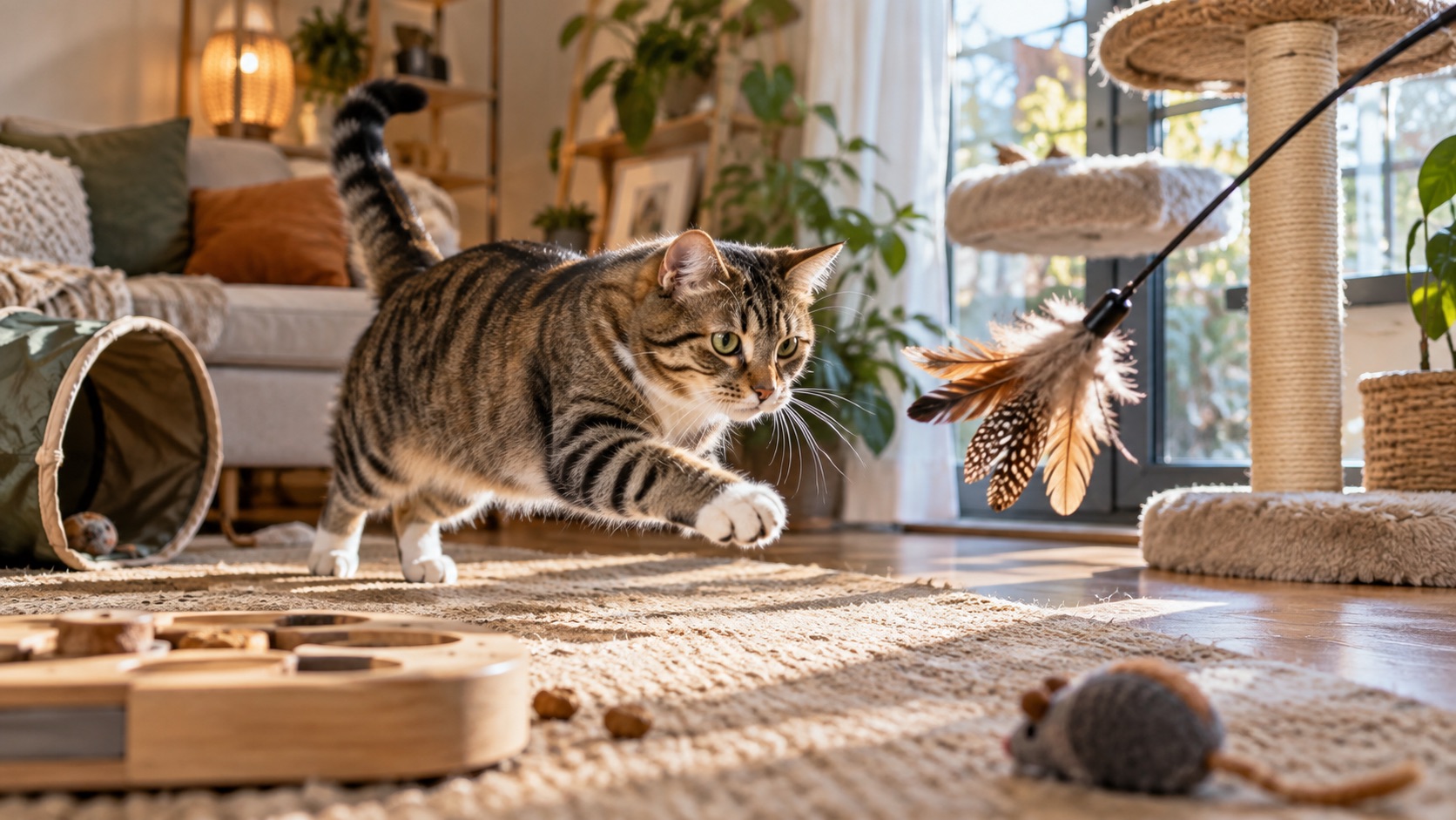 Wohnungskatze beim spielerischen Jagen in einer hellen Wohnung: Sie fokussiert eine Katzenangel, während Kratzbaum, Spieltunnel und Futterspielzeug zusätzliche Beschäftigungsmöglichkeiten zeigen.