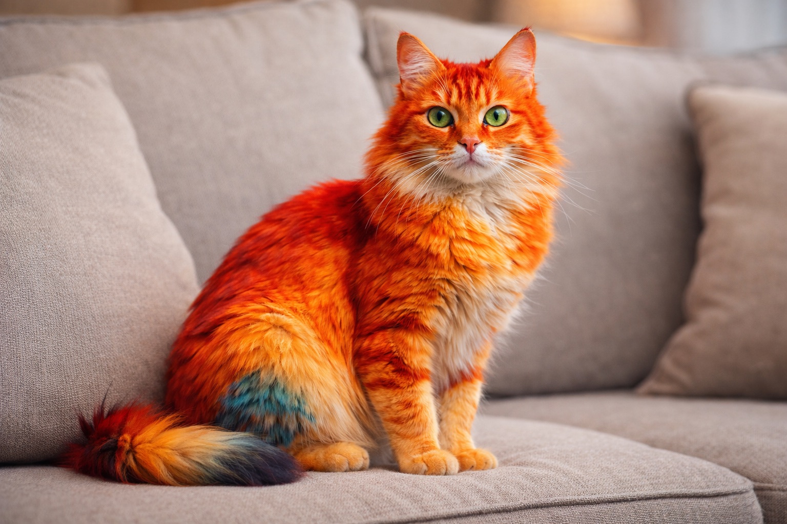 Natürlich wirkende Hauskatze mit ungewöhnlich roter, vogelähnlicher Fellfärbung sitzt ruhig auf einem hellen Sofa. Die intensive Farbe steht im bewussten Kontrast zur natürlichen Anatomie der Katze und verweist auf die Frage, warum Katzen in der Evolution nicht bunt gefärbt sind.