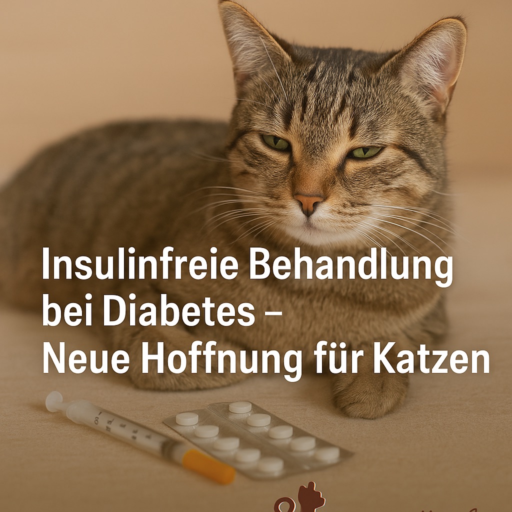 Eine grau-weiße Katze liegt ruhig neben einer Spritze und einem Blister mit Tabletten. Darüber liegt ein Text mit dem Titel: „Diabetes bei Katzen – neue Therapie ohne Insulin?“