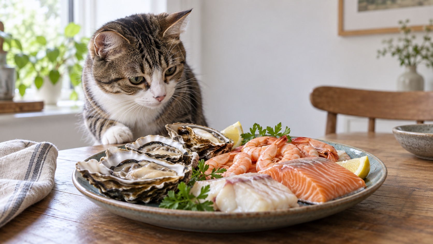 Katze vor einem Teller mit Austern, Garnelen und Fisch – ein Sinnbild für Neugier, Geschmack und Vorsicht.
