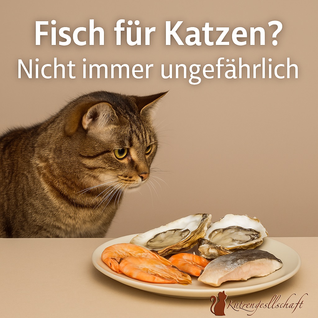 Katze vor einem Teller mit Austern, Garnelen und Fisch – ein Sinnbild für Neugier, Geschmack und Vorsicht.