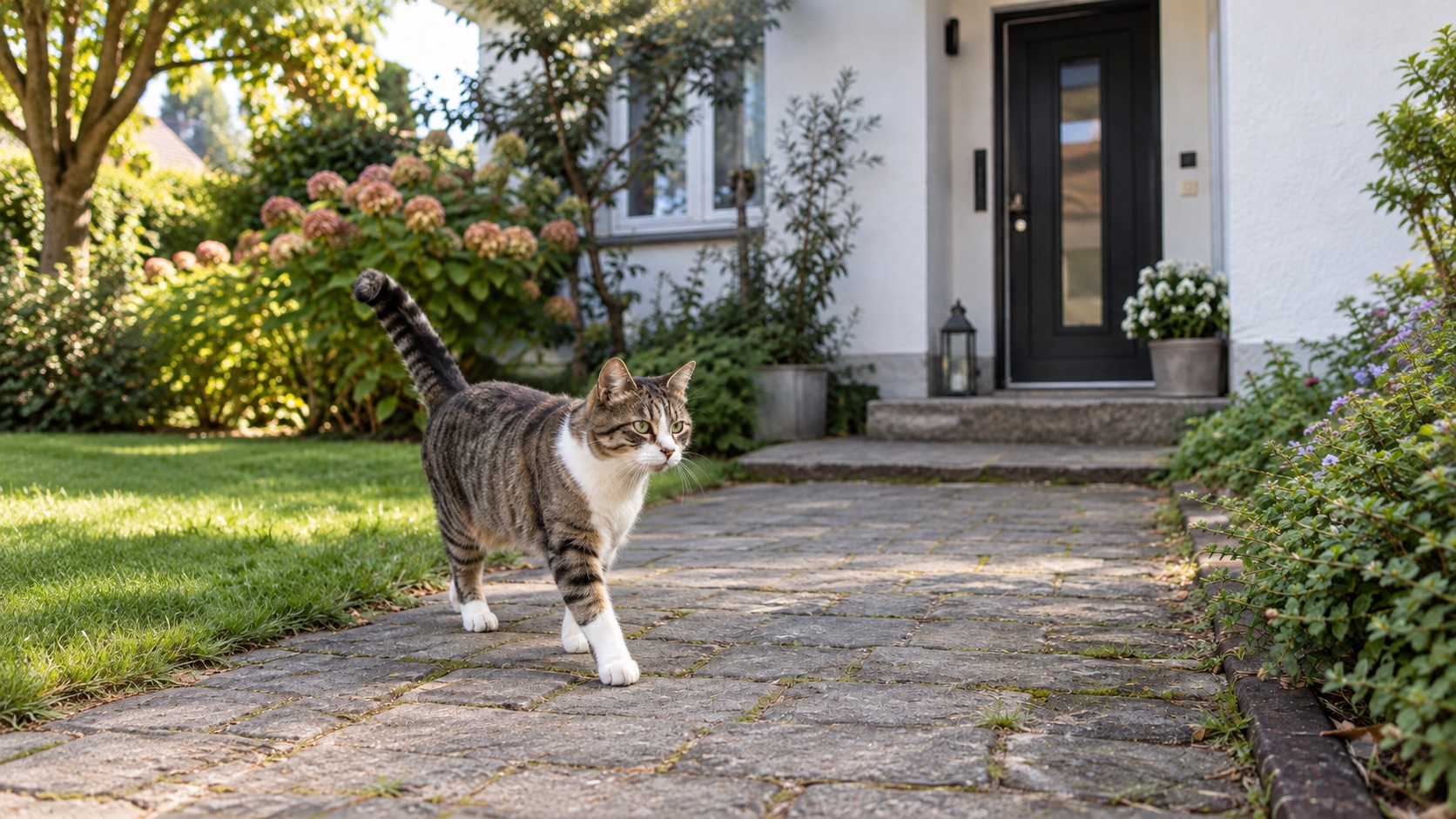 Eine getigerte Katze läuft über einen gepflasterten Weg vor einem Haus. Hinter ihr sind die Haustür und der Garten zu sehen.
