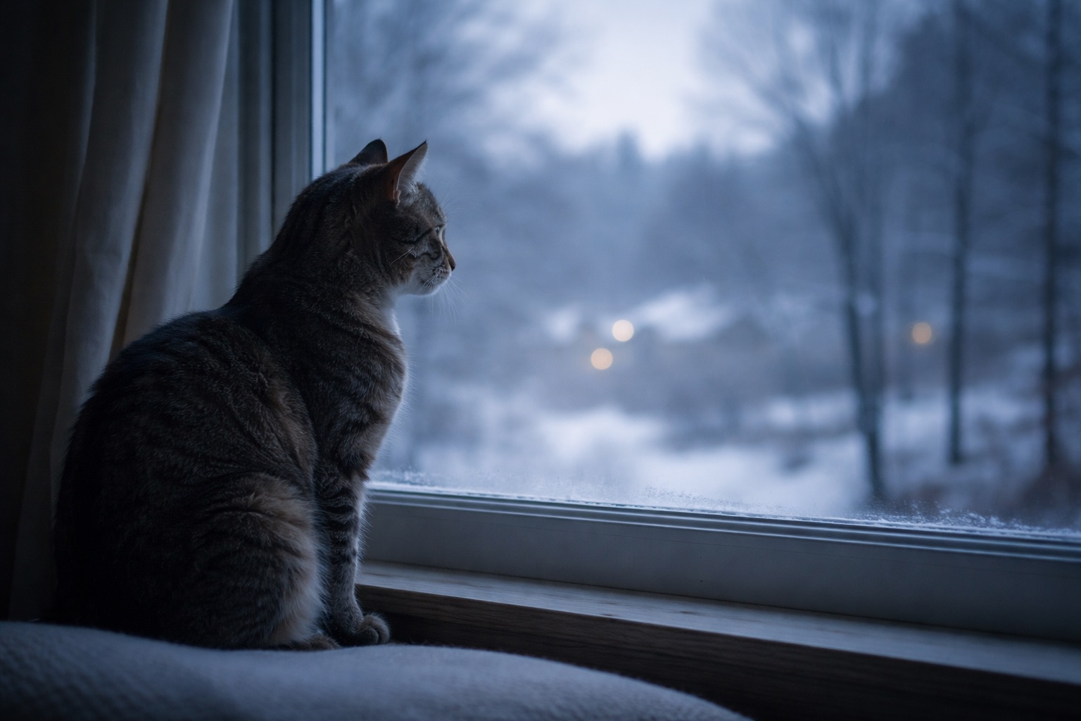 Eine Katze liegt entspannt und ausgestreckt vor einem Fenster. Draußen ist winterliche Abenddämmerung mit Schnee zu sehen, im Fensterglas spiegelt sich das warme Licht eines Kamins. Die Szene wirkt ruhig und geschützt.