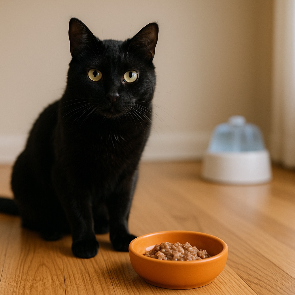 Schwarze Hauskatze sitzt vor einem Futternapf; der Wasserbrunnen ist im Hintergrund räumlich getrennt – Symbol für artgerechte Futterumstellung und Hydration.