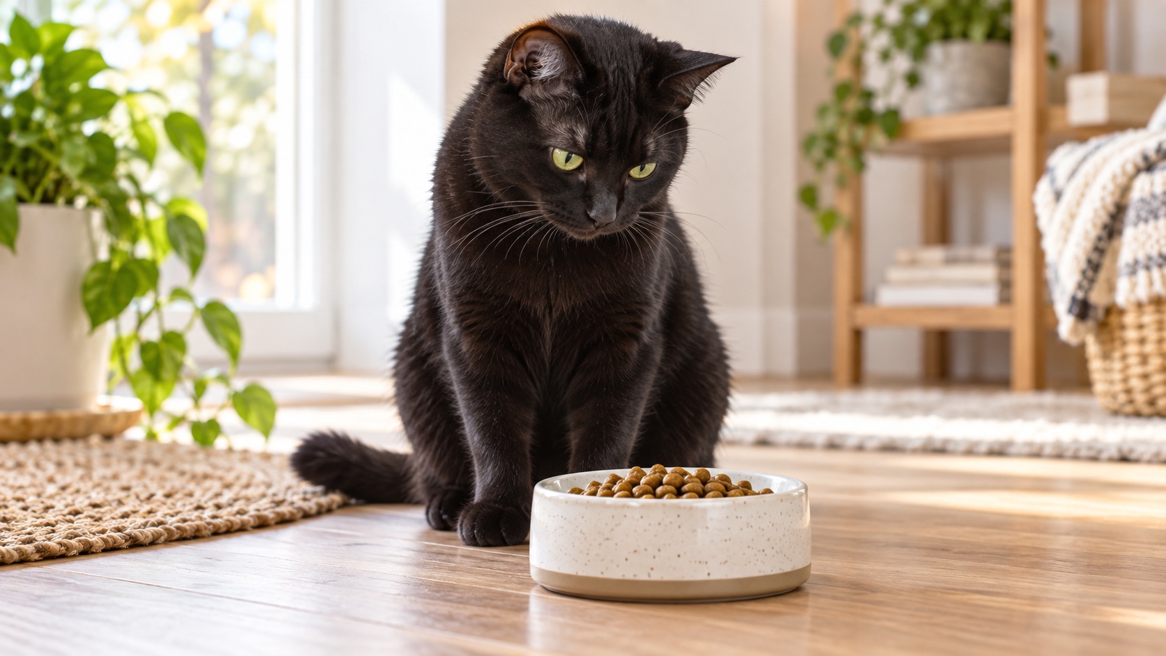 Schwarze Hauskatze sitzt vor einem Futternapf; der Wasserbrunnen ist im Hintergrund räumlich getrennt – Symbol für artgerechte Futterumstellung und Hydration.
