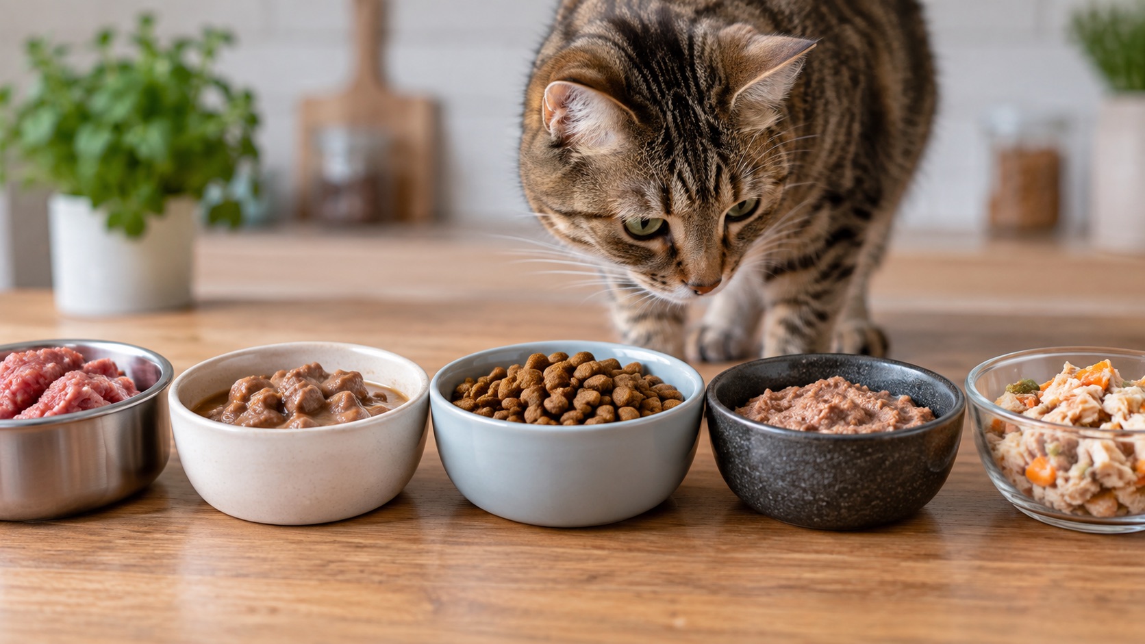 Katze betrachtet verschiedene Futternäpfe mit Nassfutter, Trockenfutter und rohem Fleisch.