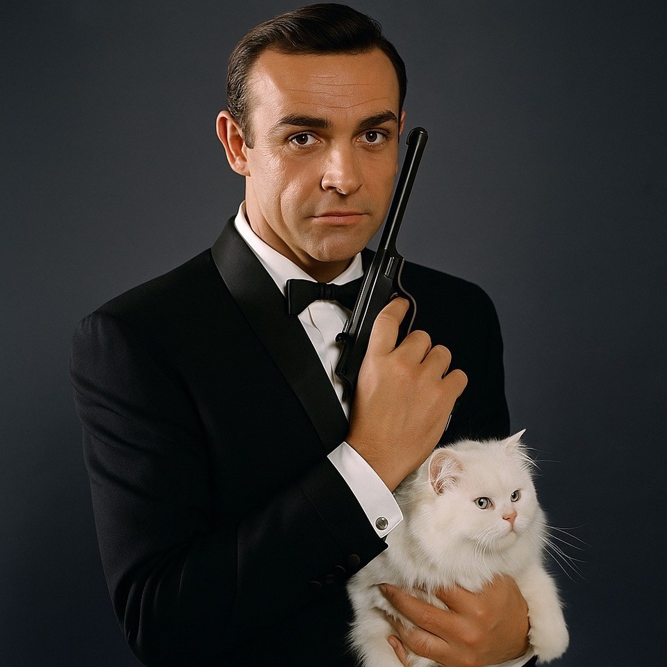 Bond hält die weiße Katze im Arm, ikonisches Bild mit Schriftzug „Blofelds Katze – Die Ikone der Bond-Filme"