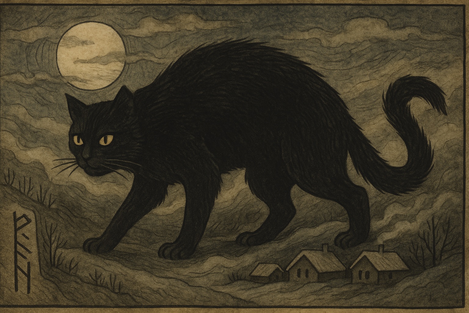 Eine mystische, alt wirkende Illustration zeigt Jólakötturinn, die riesige isländische Weihnachtskatze, wie sie unter einem vollen Mond durch eine nebelige Winterlandschaft schreitet. Im Hintergrund liegen kleine Häuser und karge Bäume, während Runen am Bildrand auf die nordische Sagenwelt verweisen. Die Szene wirkt wie eine historische Handskizze, dunkel, atmosphärisch und von einer geheimnisvollen, unheilvollen Ruhe erfüllt.