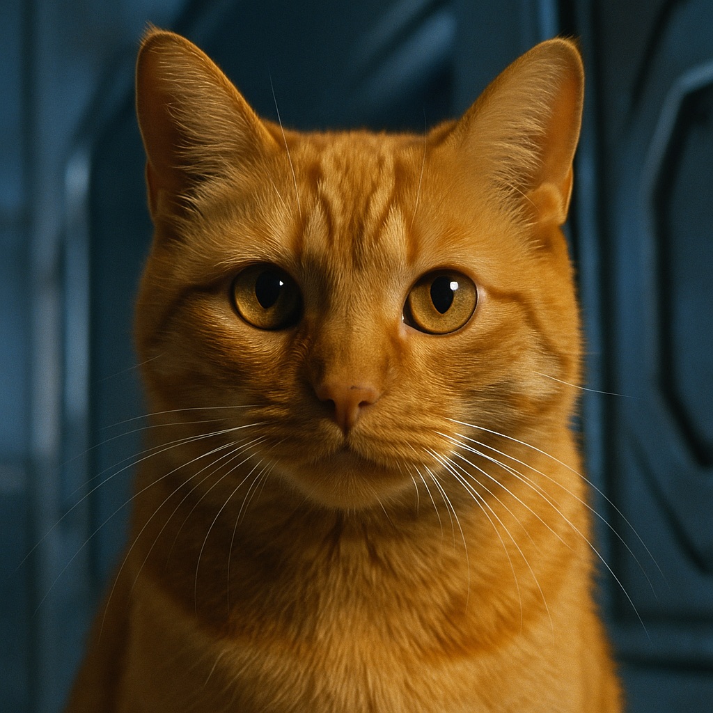 Jonesy, die orangefarbene Katze aus Ridley Scotts Science-Fiction-Klassiker „Alien“, sitzt im bläulichen Licht des Raumschiffs Nostromo. Ihr Blick ist wach und ruhig – ein Symbol für Leben, Wärme und Empathie in einer kalten, bedrohlichen Welt.