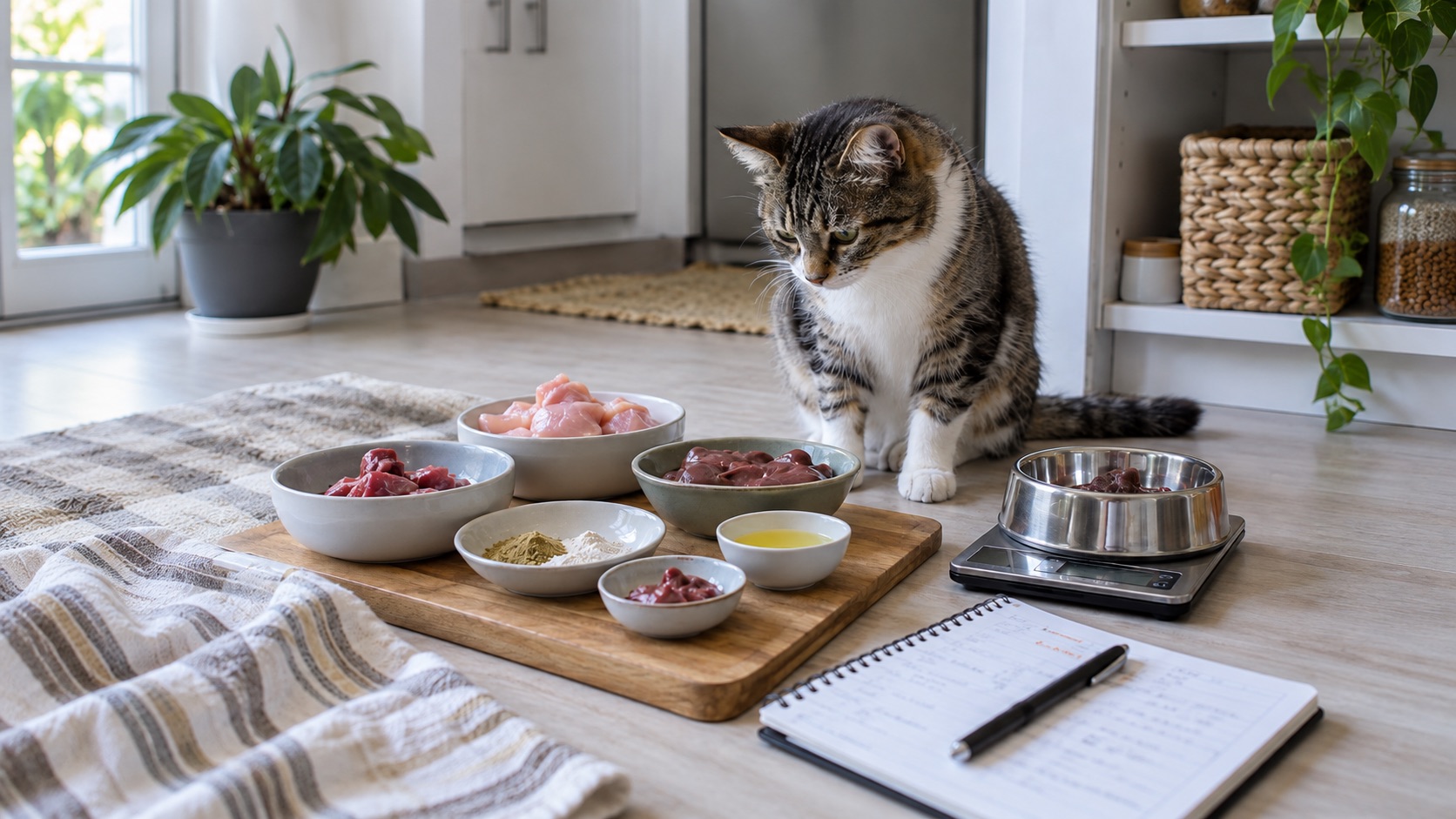 Katze vor verschiedenen Zutaten einer BARF-Ration mit rohem Fleisch, Innereien, Supplementen und Küchenwaage.