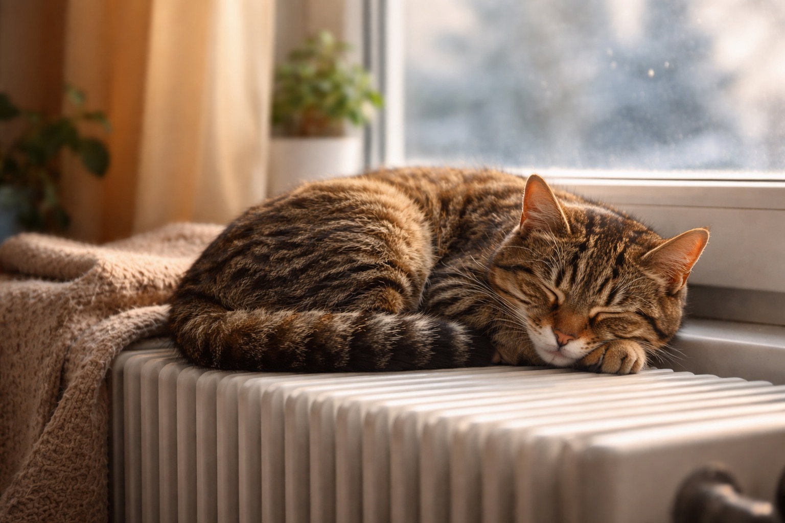 Katze liegt zusammengerollt auf einem Heizkörper am Fenster und sucht einen warmen Ruheplatz in einer Wohnung