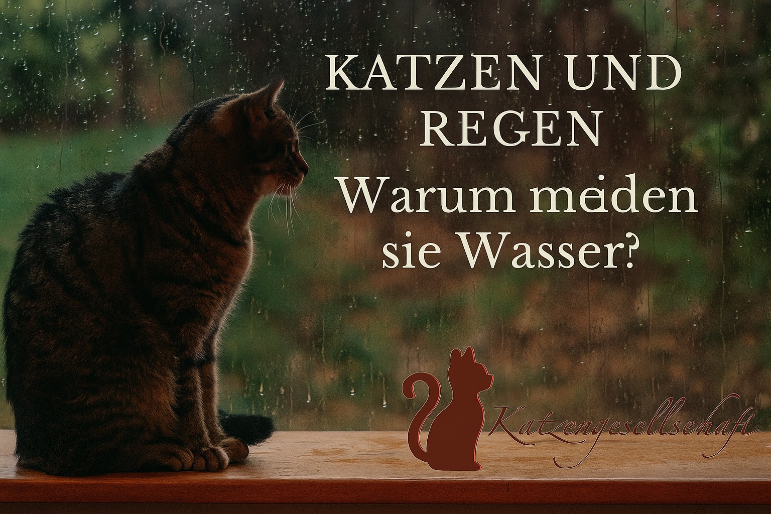 Eine getigerte Hauskatze sitzt auf einer Fensterbank und schaut nachdenklich durch ein regennasses Fenster. Daneben steht der Text: „Katzen und Regen – Warum meiden sie Wasser?“ sowie das Logo der Katzengesellschaft.