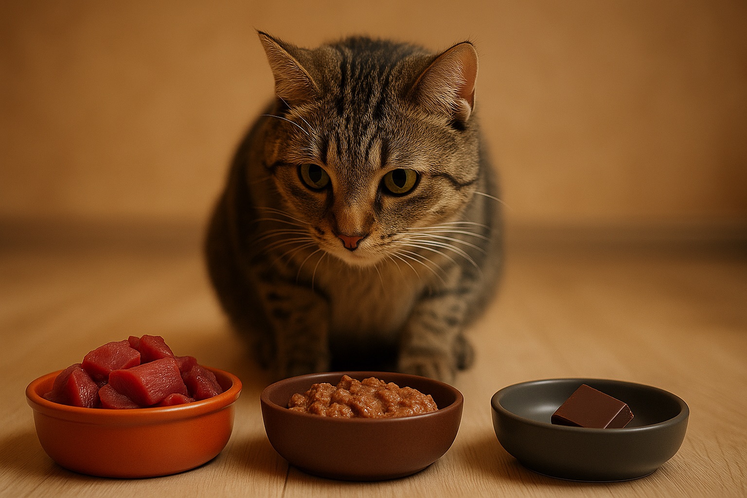 Hauskatze sitzt vor drei Näpfen mit Fleisch, Nassfutter und Schokolade – Symbol für gesunde und ungesunde Katzenernährung.