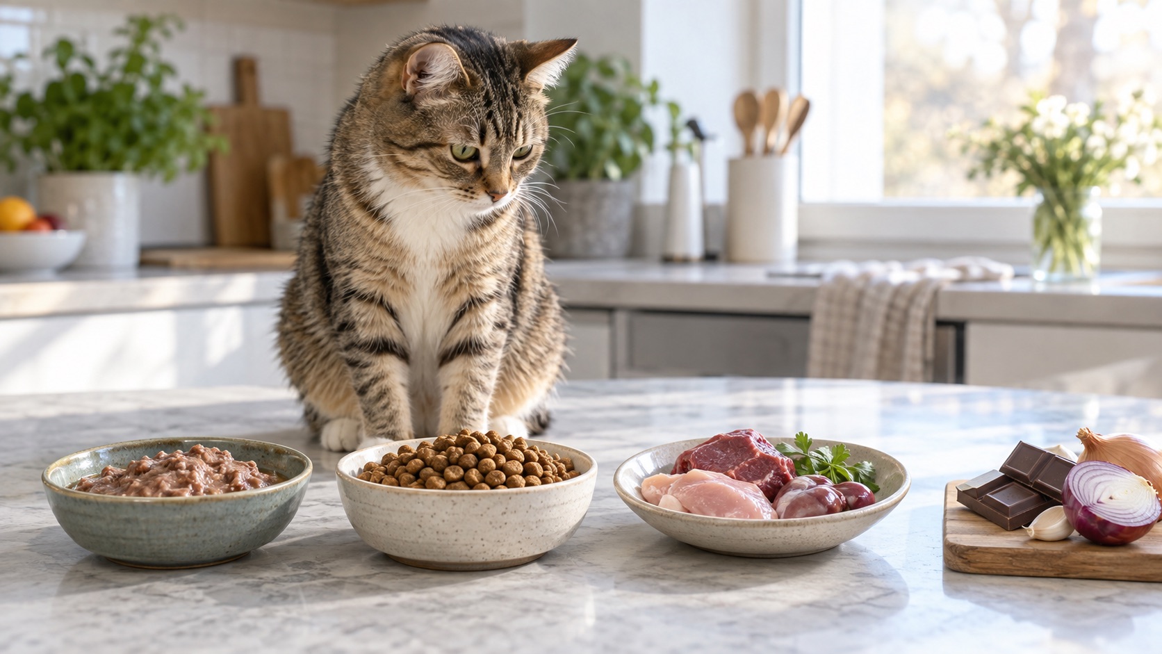 Hauskatze sitzt vor drei Näpfen mit Fleisch, Nassfutter und Schokolade – Symbol für gesunde und ungesunde Katzenernährung.