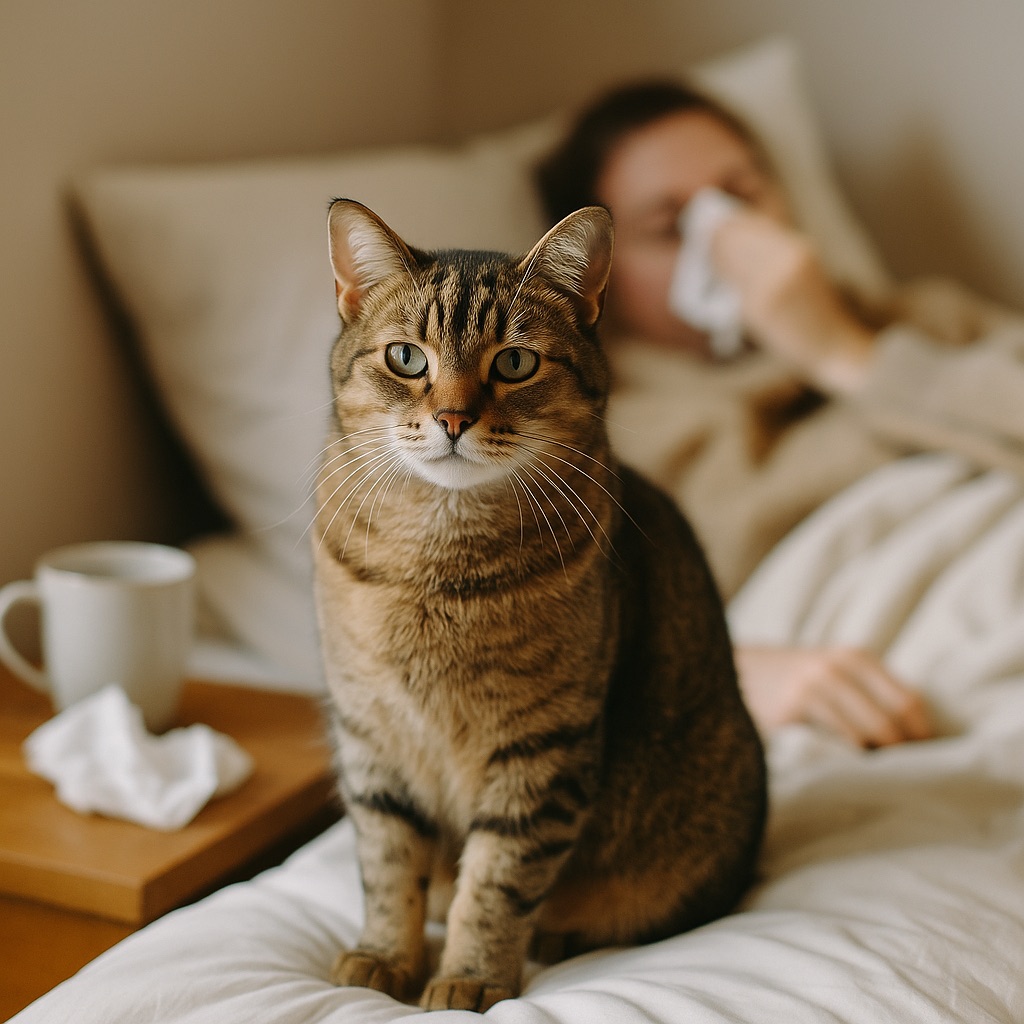 Eine gesunde Hauskatze liegt auf einem Bett neben einem erkälteten Menschen. Das Bild symbolisiert Nähe, aber auch die Frage nach möglicher Ansteckung zwischen Mensch und Tier.