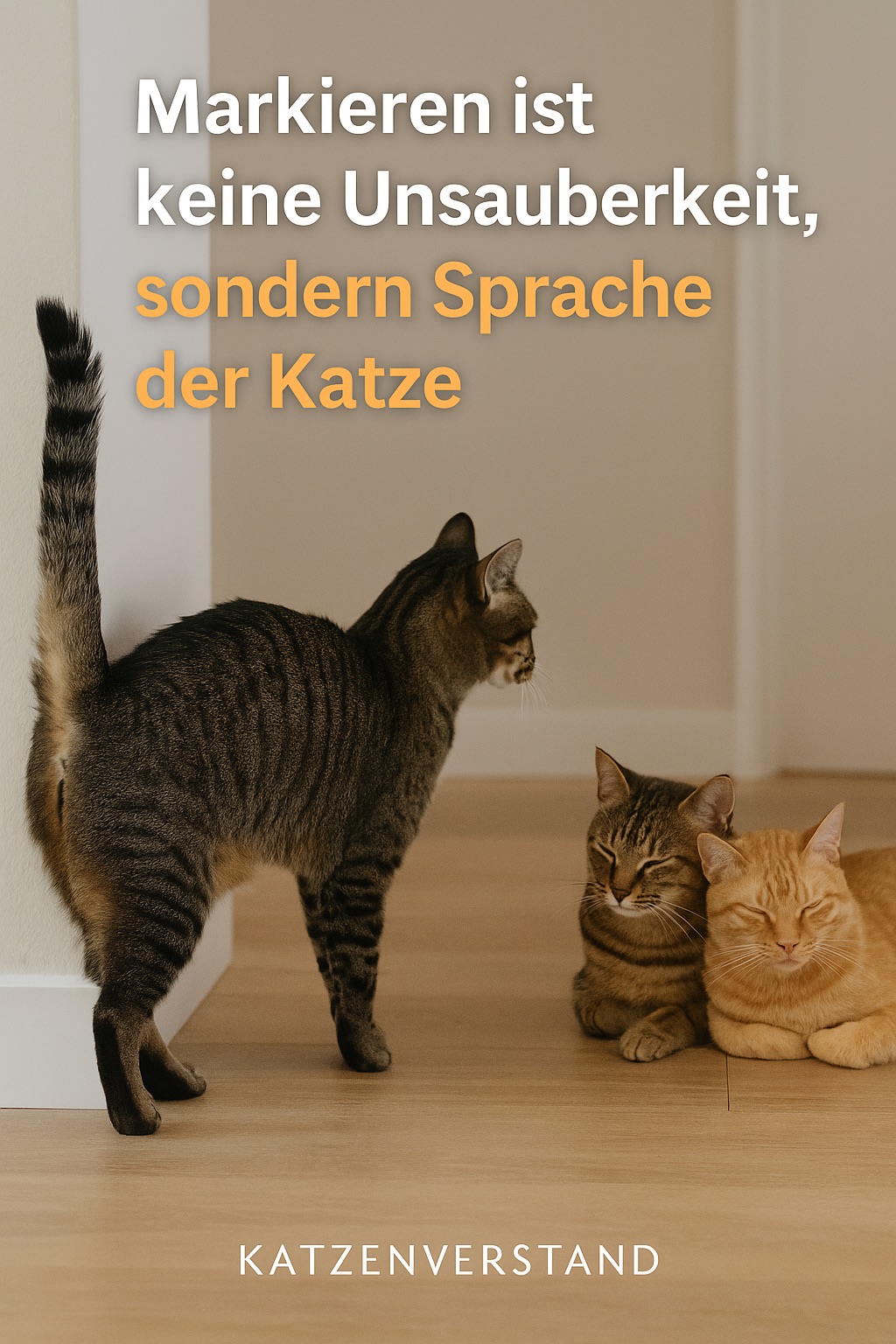Kater mit erhobenem, zitterndem Schwanz in typischer Markierhaltung, daneben zwei ruhende Katzen – Symbol für Markieren und Scheinmarkieren im Mehrkatzenhaushalt.