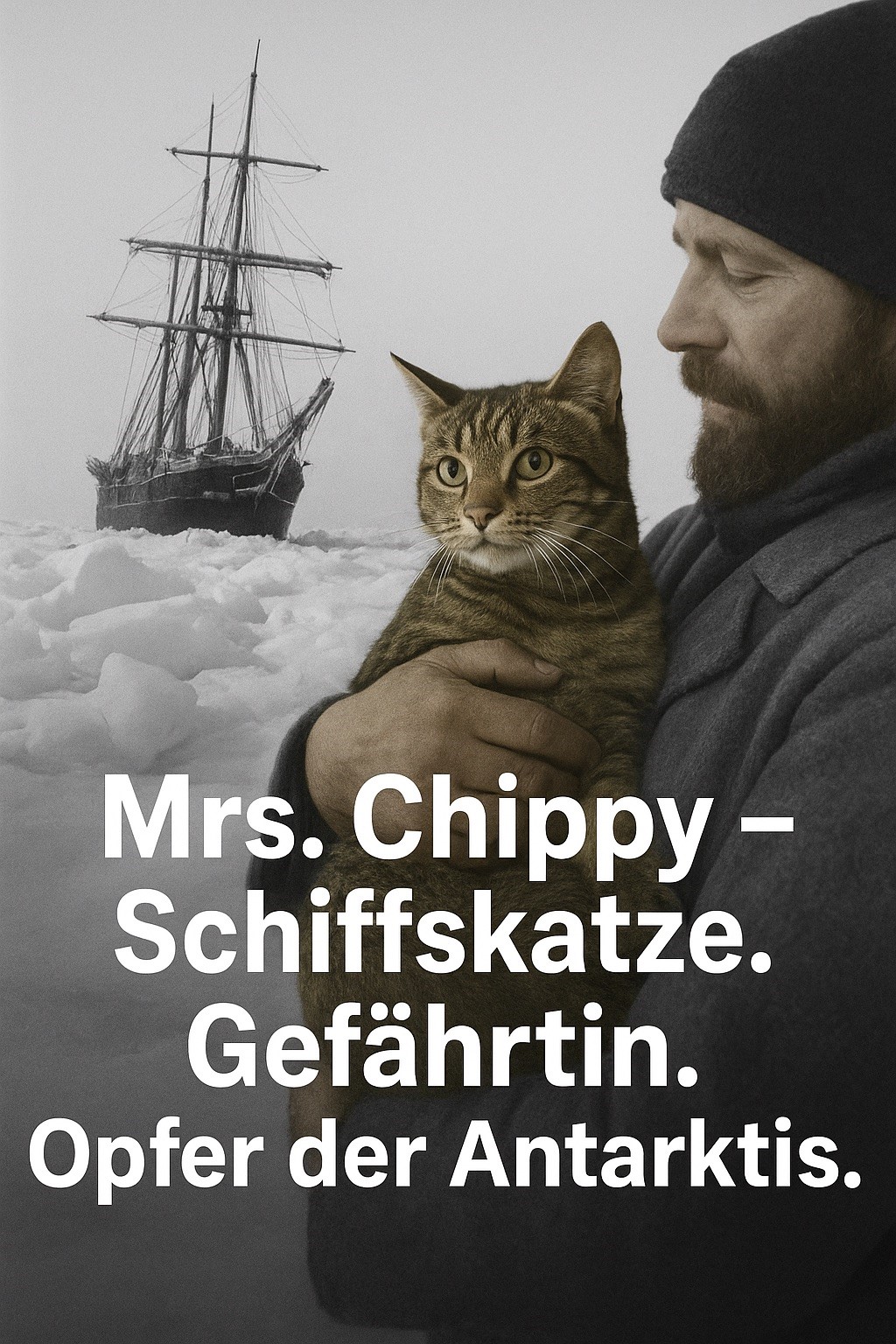 Historische Aufnahme der im Eis eingeschlossenen Endurance, kombiniert mit einer Illustration von Mrs. Chippy, der getigerten Schiffskatze – Symbol für Hoffnung, Nähe und Opfer auf Shackletons Antarktisexpedition.