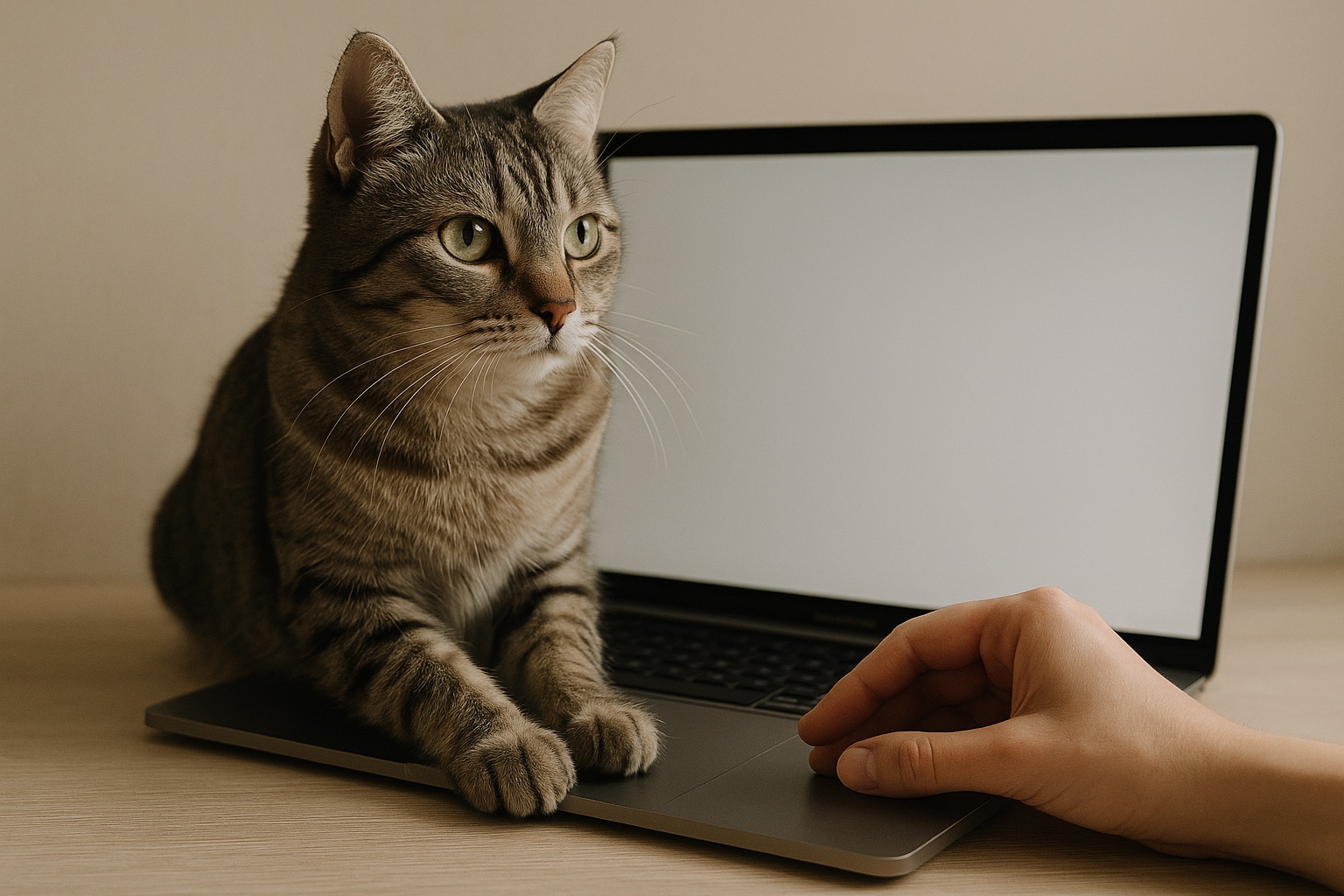Eine Katze sitzt vor einem Laptop und blickt neugierig auf den Bildschirm – Symbolbild für Digitalisierung, Care-Arbeit und Verantwortung im modernen Katzensitting.