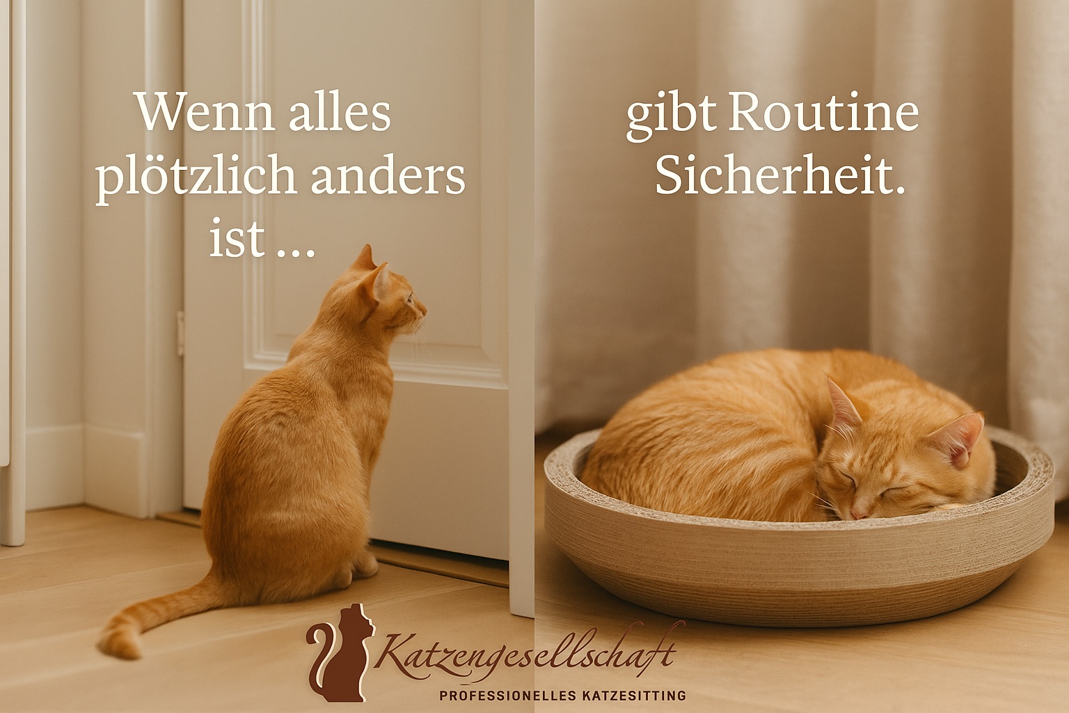 Zweiteiliges Bild: links eine wartende Hauskatze an der Tür, rechts dieselbe Katze entspannt im Körbchen. Symbol für Sicherheit durch feste Routinen und verlässliches Katzensitting im Urlaub. Mit Logo der Katzengesellschaft.