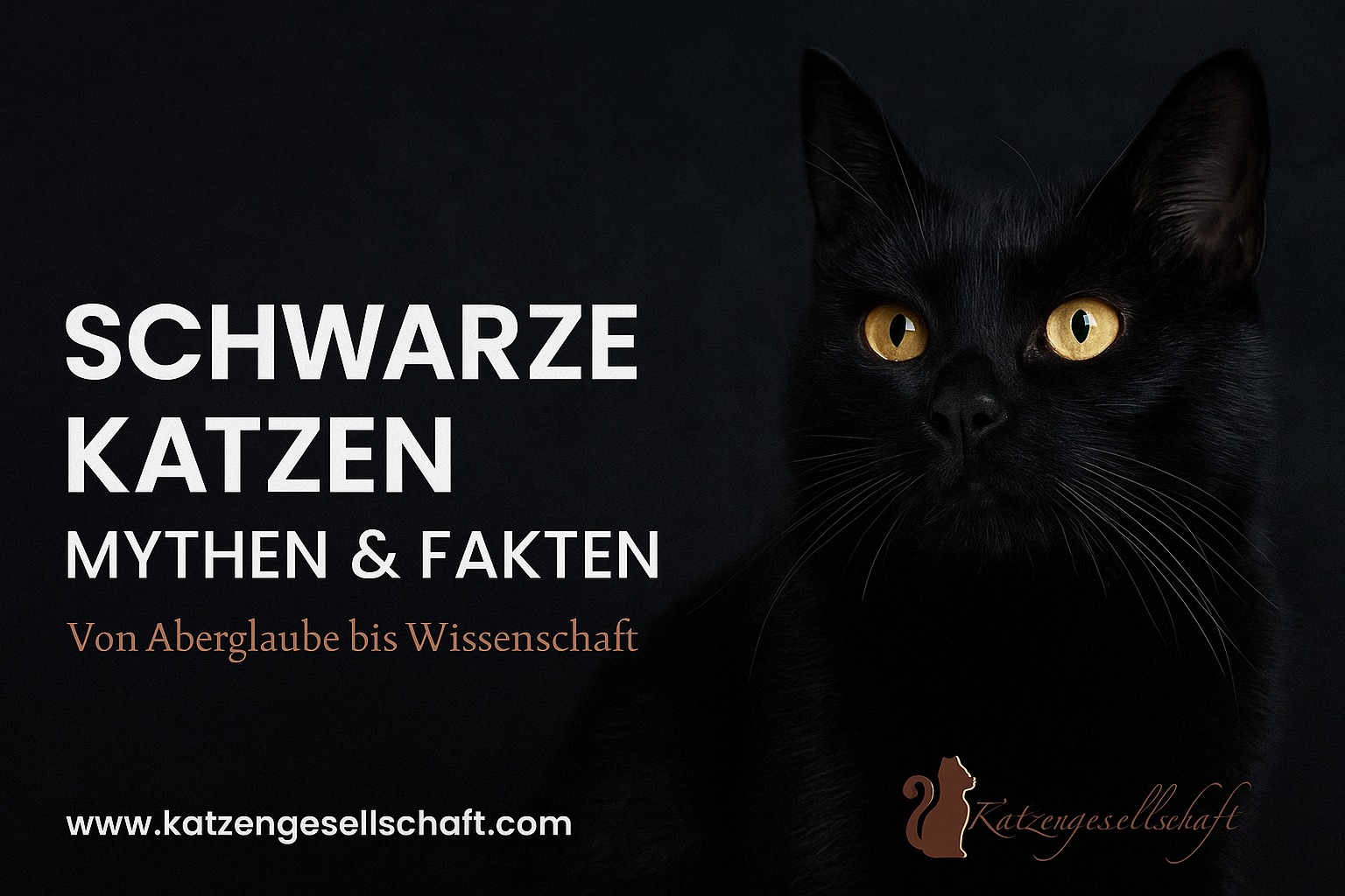 Eine schwarze Katze vor fast schwarzem Hintergrund. Gelbe Augen leuchten im Dunkeln. Bildaufschrift lautet Schwarze Katzen - Mythen & Fakten - Von Aberglaube bis Wissenschaft. Logo der Katzengesellschaft und Web Adresse www.katzengesellschaft.com