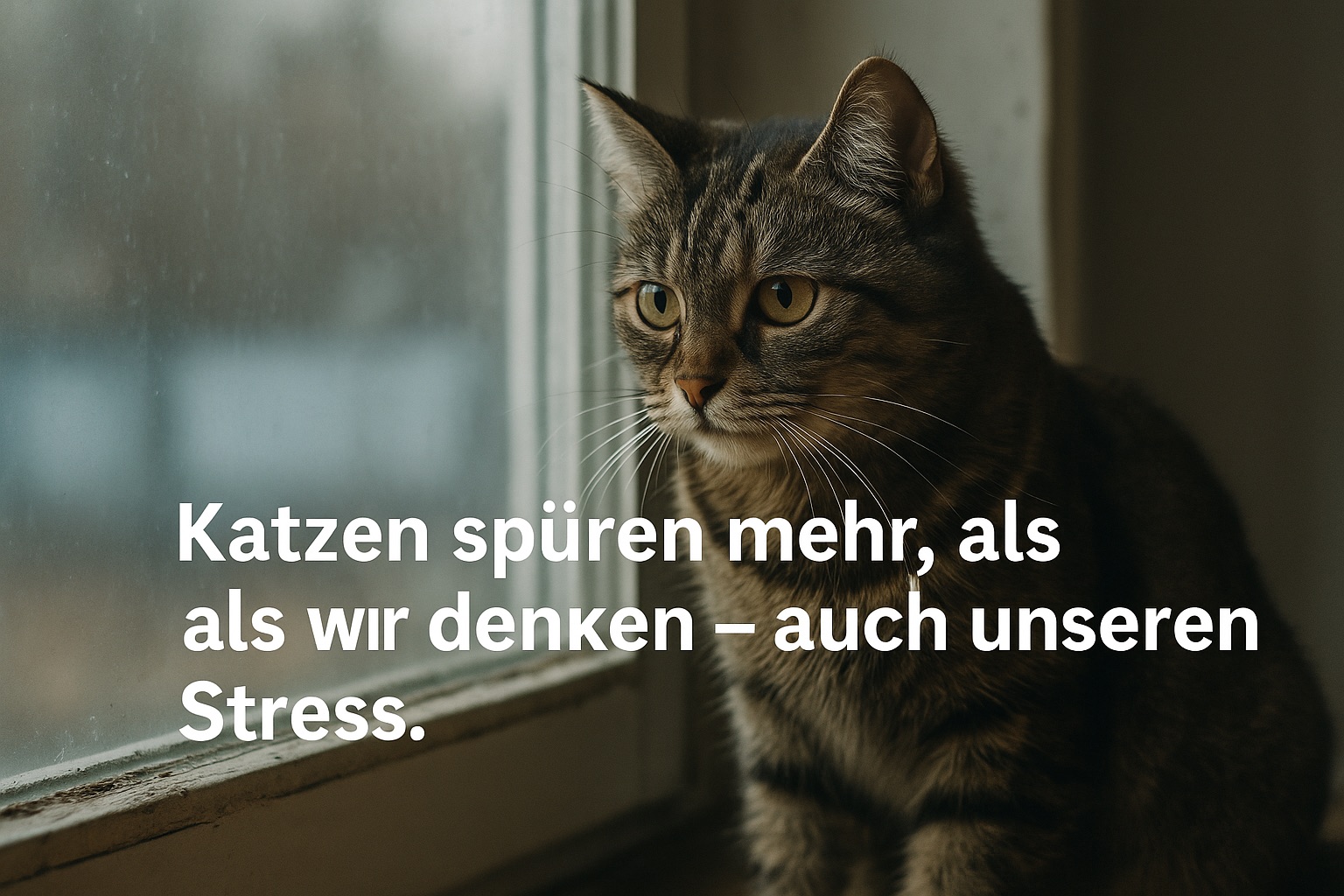 Eine getigerte Katze sitzt aufmerksam an einem Fenster, das trübes Tageslicht hereinlässt. Ihr Blick ist ruhig, aber wachsam – als spüre sie, dass etwas nicht stimmt. Das Bild symbolisiert die emotionale Verbundenheit zwischen Katze und Mensch und wie fein Katzen auf Veränderungen im Verhalten ihrer Bezugsperson reagieren.