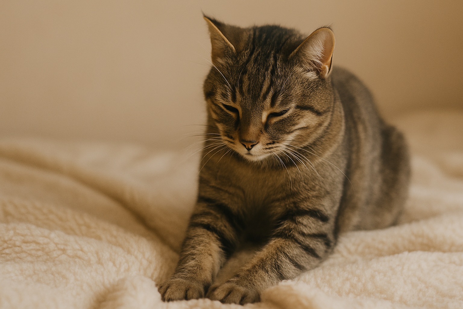 Eine liegende oder sitzende Hauskatzenknetet mit beiden Vorderpfoten rhythmisch eine weiche, flauschige Decke. Die Schultern sinken dabei sichtbar ein, die Augen sind halb geschlossen und das Fell wirkt entspannt. Die Szene vermittelt Ruhe, Geborgenheit und das typische Komfortverhalten „Treteln“, das Katzen oft in entspannter Umgebung zeigen.