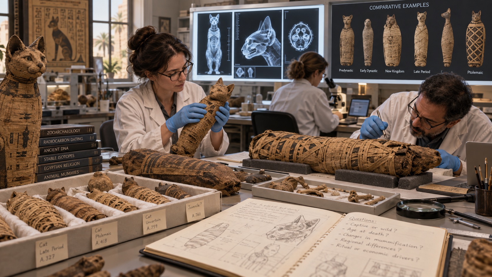 Ein modernes Forschungslabor zeigt mehrere ägyptische Katzenmumien auf Arbeitstischen, während Wissenschaftler sie untersuchen und dokumentieren. Im Hintergrund sind Röntgenbilder, Vergleichsdarstellungen verschiedener Mumienformen und Notizen zu offenen Forschungsfragen zu sehen, etwa zur Haltung der Tiere, zu ihrem Alter beim Tod und zu Veränderungen der Mumifizierungspraxis.