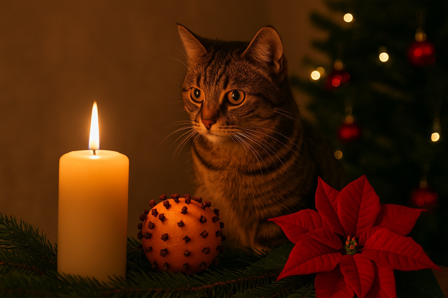 Eine getigerte Katze sitzt vor einer brennenden Kerze, einer Nelkenorange und einem roten Weihnachtsstern. Im Hintergrund glitzern Christbaumlichter – das warme Licht betont die ruhige, festliche Stimmung, die zugleich an den verantwortungsvollen Umgang mit Düften und Pflanzen im Katzenhaushalt erinnert.