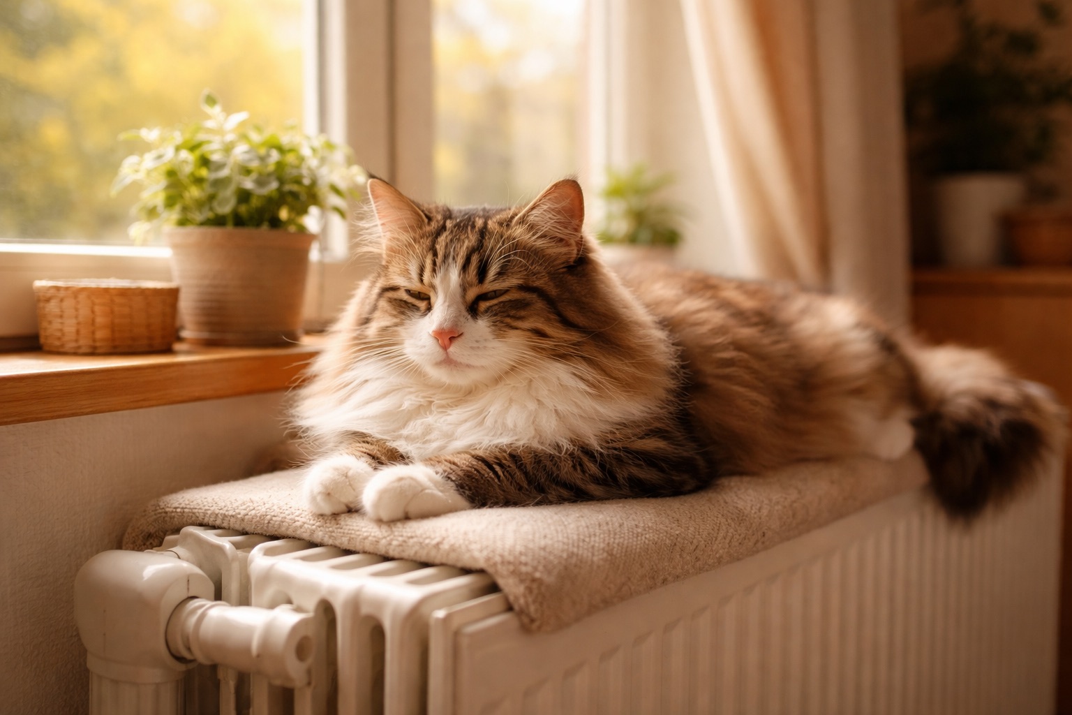Entspannte Katze liegt ruhig in vertrauter Wohnumgebung bei Tageslicht.