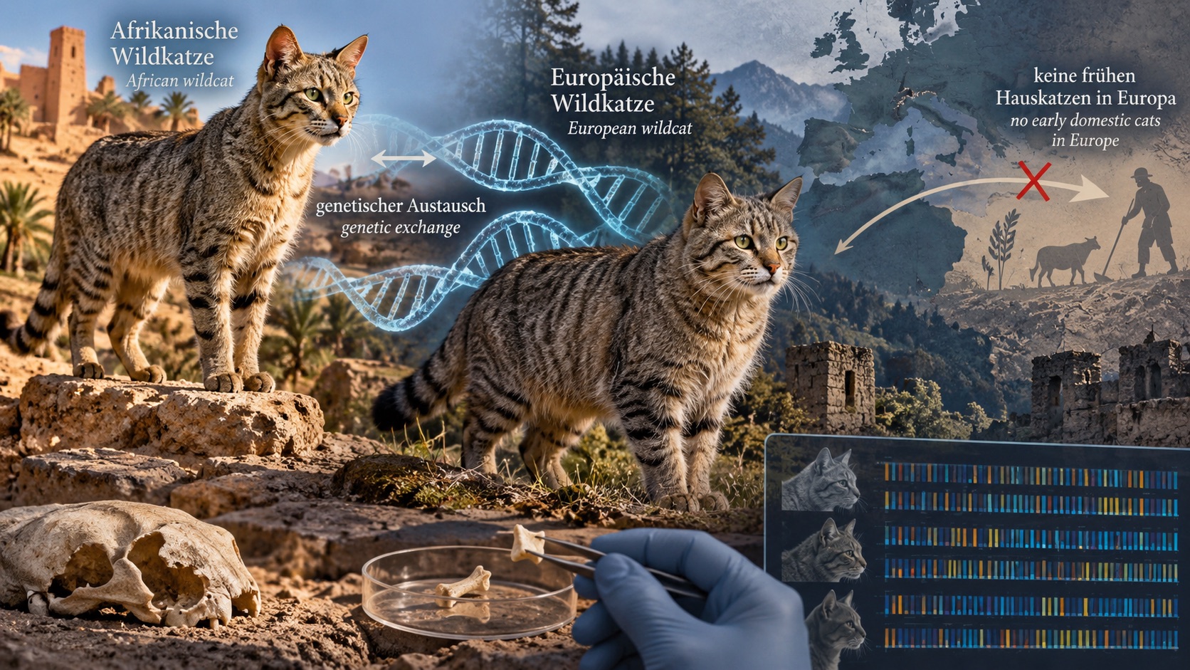Eine wissenschaftlich gestaltete Collage zeigt eine Afrikanische Wildkatze und eine Europäische Wildkatze in unterschiedlichen Landschaften, verbunden durch eine leuchtende DNA-Doppelhelix. Eine Europakarte, archäologische Knochenfunde und ein Genom-Panel veranschaulichen die neue Forschung, nach der frühe europäische Funde keine eingewanderten Hauskatzen waren, sondern Europäische Wildkatzen mit genetischem Austausch zu Afrikanischen Wildkatzen.