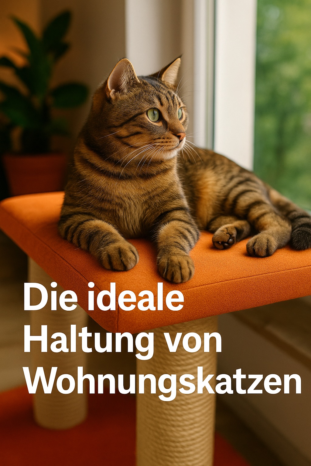 Eine Wohnungskatze liegt entspannt auf einem bunten Kissen am Fenster. Das Bild symbolisiert eine sichere und abwechslungsreiche Wohnungshaltung mit Rückzugs- und Aussichtsmöglichkeiten.