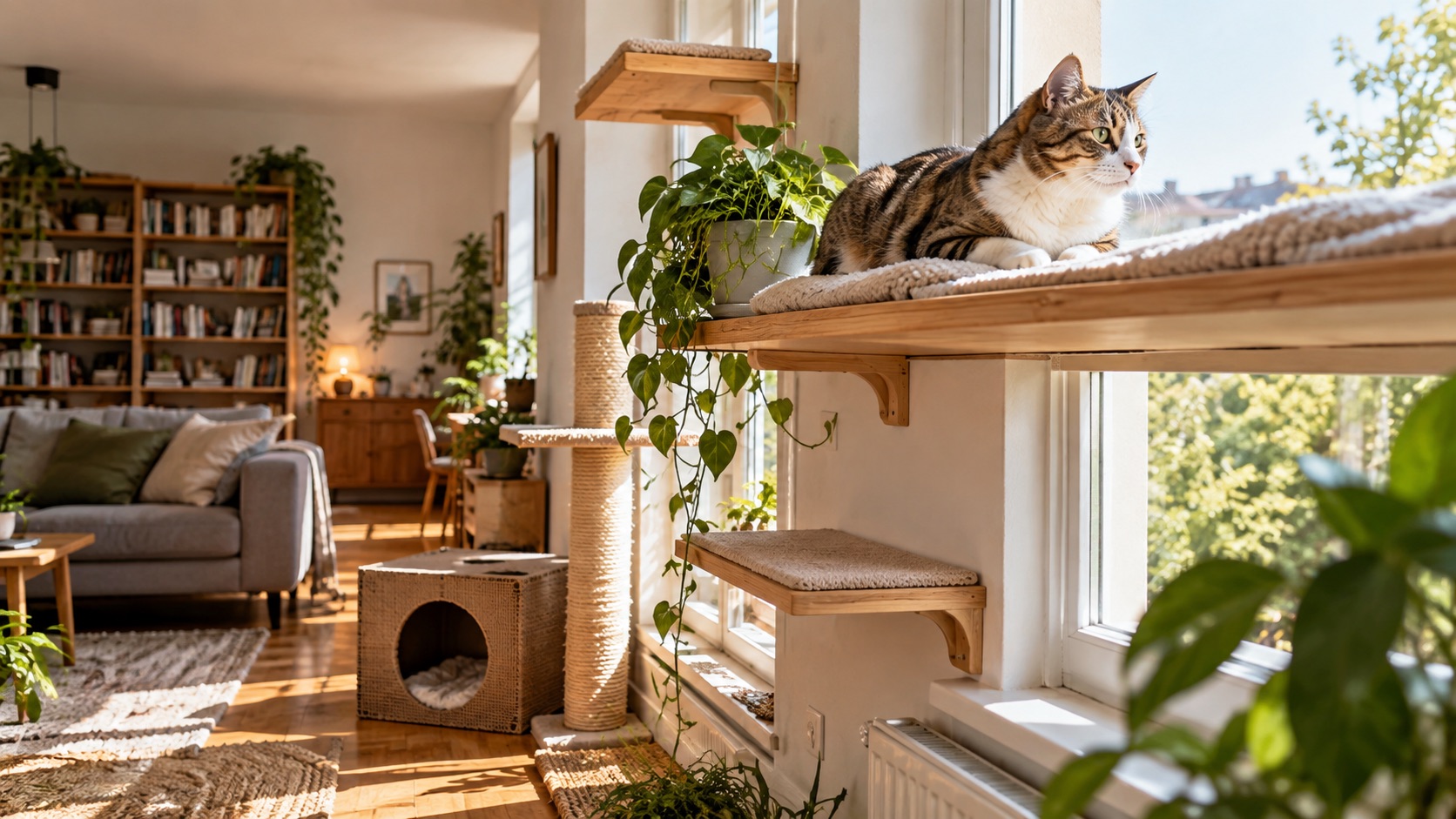 Eine Wohnungskatze liegt entspannt auf einem bunten Kissen am Fenster. Das Bild symbolisiert eine sichere und abwechslungsreiche Wohnungshaltung mit Rückzugs- und Aussichtsmöglichkeiten.