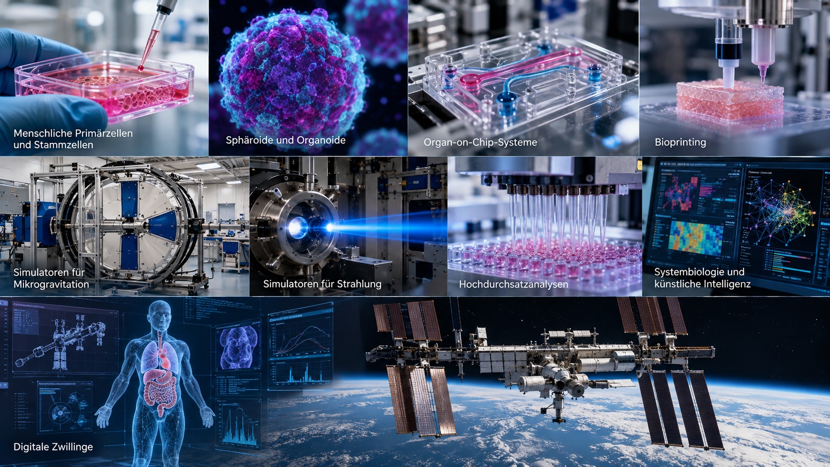 Collage moderner Methoden der Weltraumforschung mit menschlichen Zellkulturen, Sphäroiden und Organoiden, Organ-on-Chip-Systemen, Bioprinting, Mikrogravitations- und Strahlungssimulatoren, Hochdurchsatzanalysen, künstlicher Intelligenz, digitalen Zwillingen und der Internationalen Raumstation.