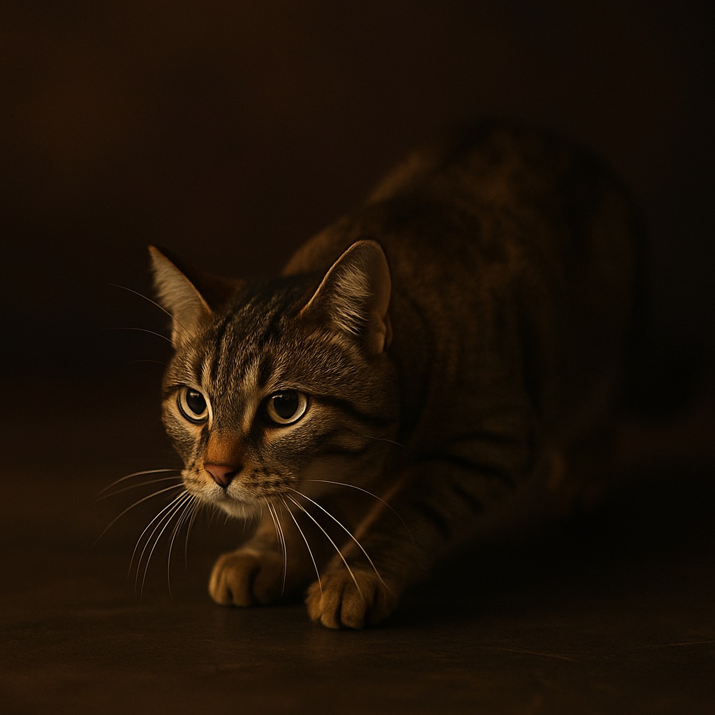 Hauskatze im geduckten Anschleichgang, Pfoten weich aufgesetzt, Blick fokussiert – Sinnbild für die lautlose Präzision der Bewegung.