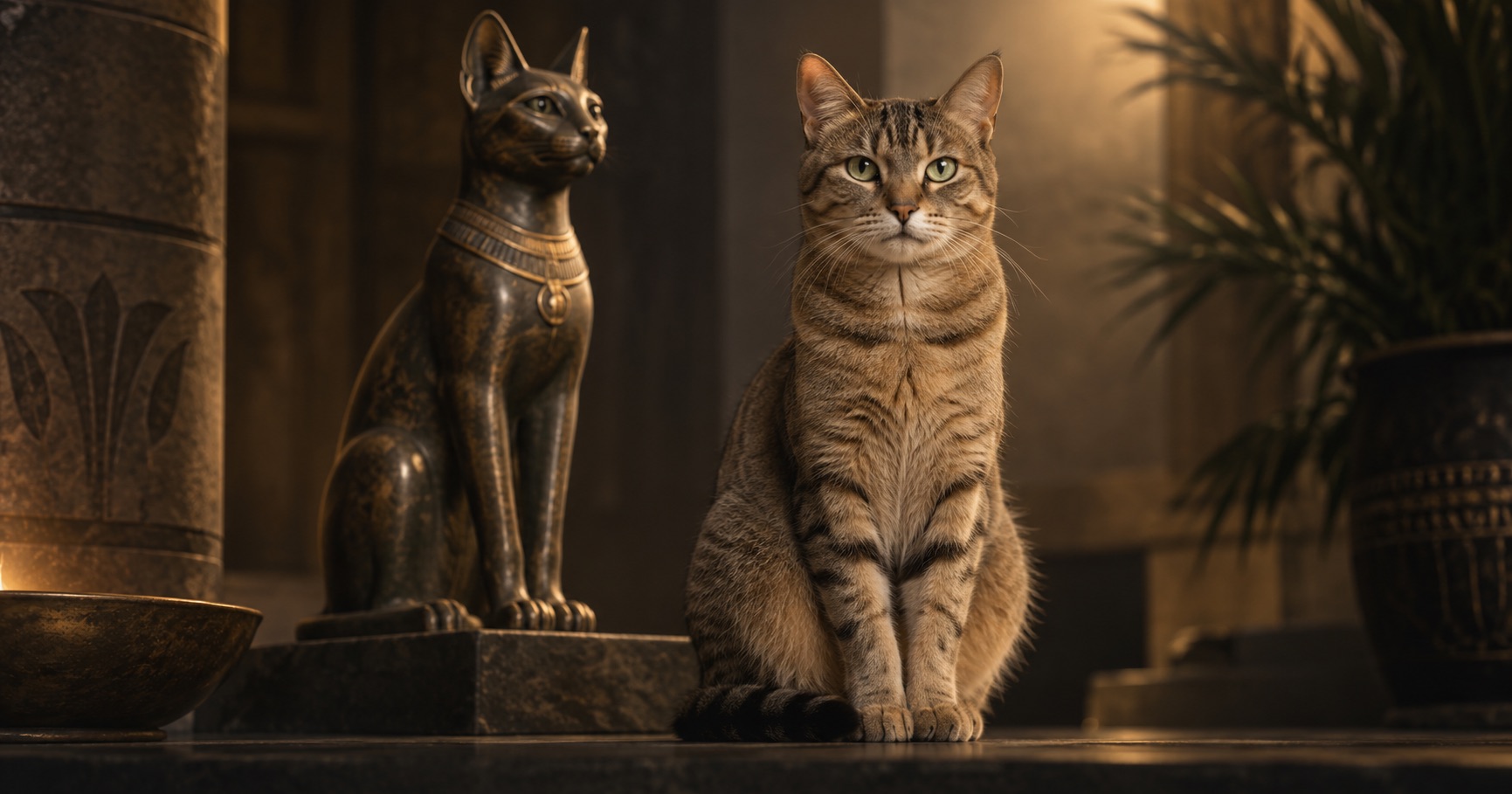 Eine echte getigerte Katze sitzt aufrecht im warmen Licht, daneben steht eine bronzene Bastet-Statue in ähnlicher Haltung. Das Bild verbindet die heutige Hauskatze mit der ägyptischen Katzengöttin und verweist auf die jahrtausendealte Beziehung zwischen Mensch und Katze.