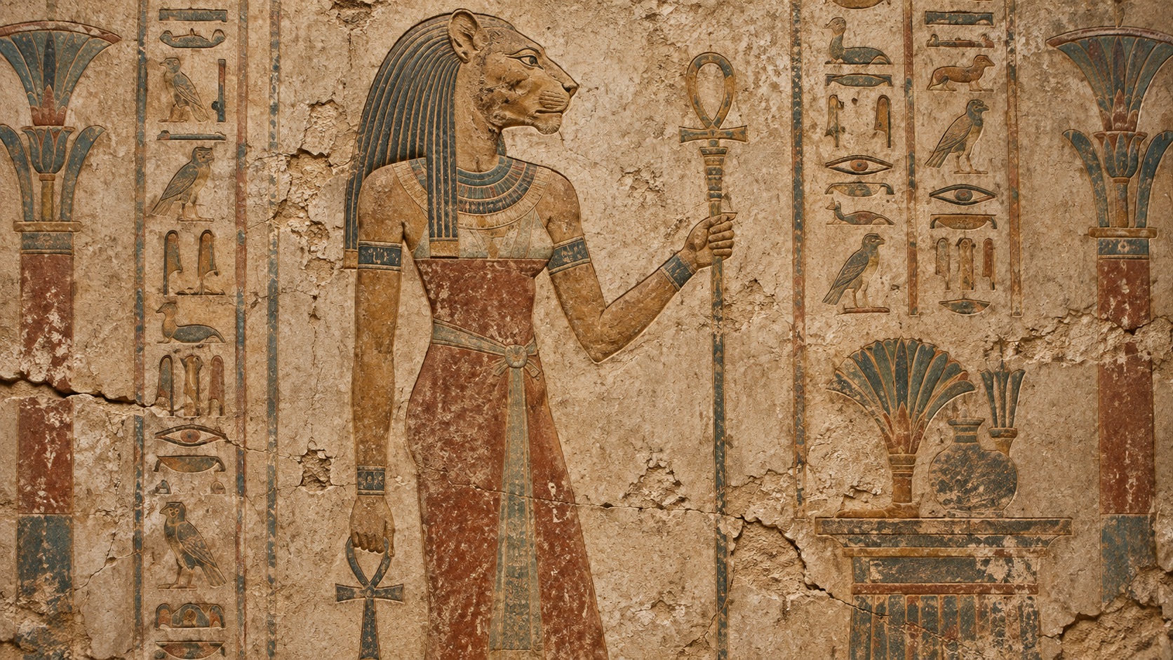 Eine verwitterte altägyptische Wanddarstellung zeigt Bastet in ihrer frühen Form als Göttin mit Löwenkopf. Sie steht im Profil, trägt ein langes Gewand und hält ein Ankh-Zeichen, umgeben von Hieroglyphen und pflanzlichen Motiven in verblassten Erd- und Blautönen.