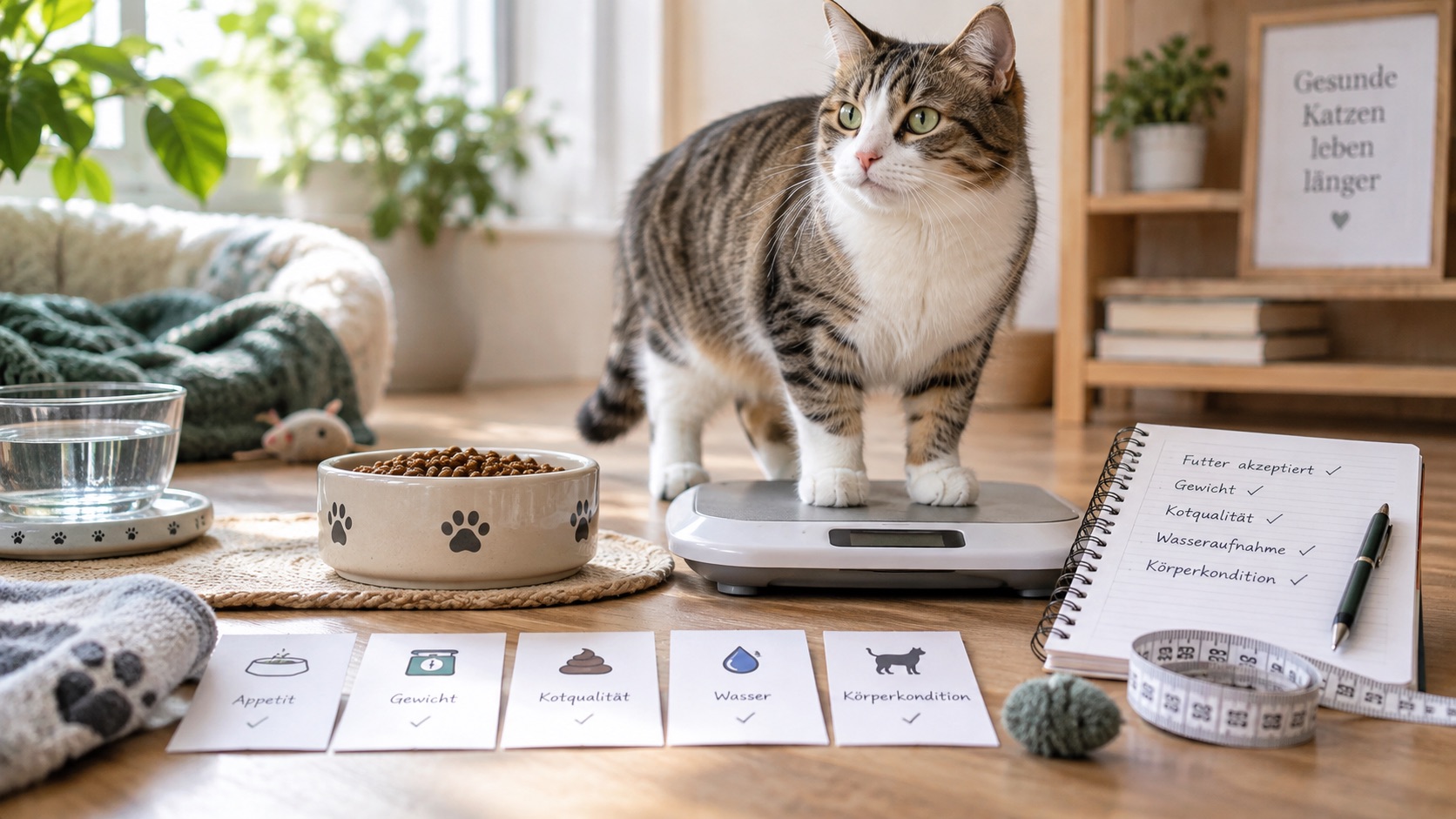 Katze auf einer Waage neben Futternapf, Wasser, Maßband und Notizen zur Beobachtung von Appetit, Gewicht, Kotqualität, Wasseraufnahme und Körperkondition.