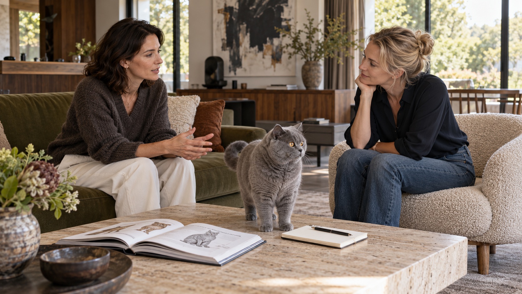Zwei Frauen im Gespräch in einem stilvollen Wohnzimmer. Zwischen ihnen steht eine graue Britisch-Kurzhaar-Katze auf dem Couchtisch neben einem aufgeschlagenen Katzenbuch und einem Notizblock.