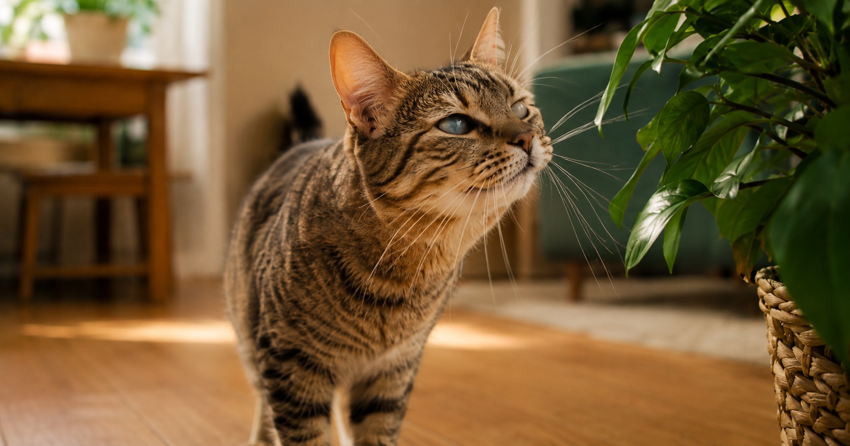 Blinde getigerte Katze mit leicht getrübten Augen erkundet in einer warmen Wohnumgebung eine Zimmerpflanze mit Nase und Tasthaaren.