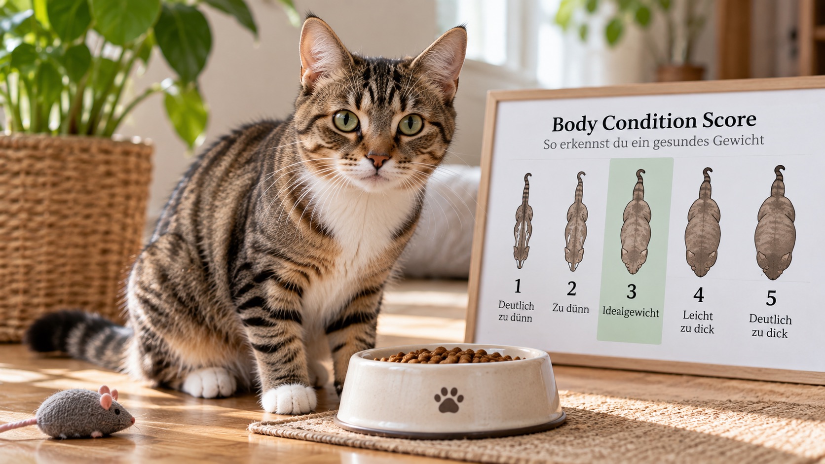 Katze neben einer Body-Condition-Score-Grafik zur Beurteilung des Körpergewichts.