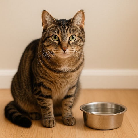 Eine entspannte Katze liegt auf einem hellen Teppich neben einer Futterschale – Symbolbild für das empfindliche Gleichgewicht von Verdauung, Wohlbefinden und Vertrauen.