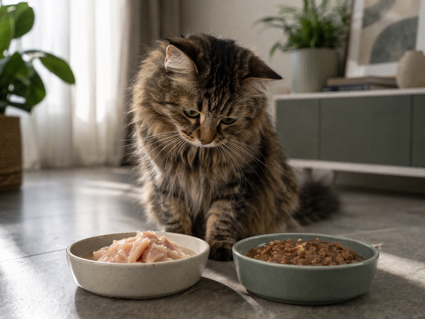 Katze sitzt ruhig vor zwei Futternäpfen in einer modernen Wohnung und betrachtet unterschiedliche Futterarten – symbolisch für die Entscheidung zwischen Ergänzungsfutter und Alleinfuttermittel.