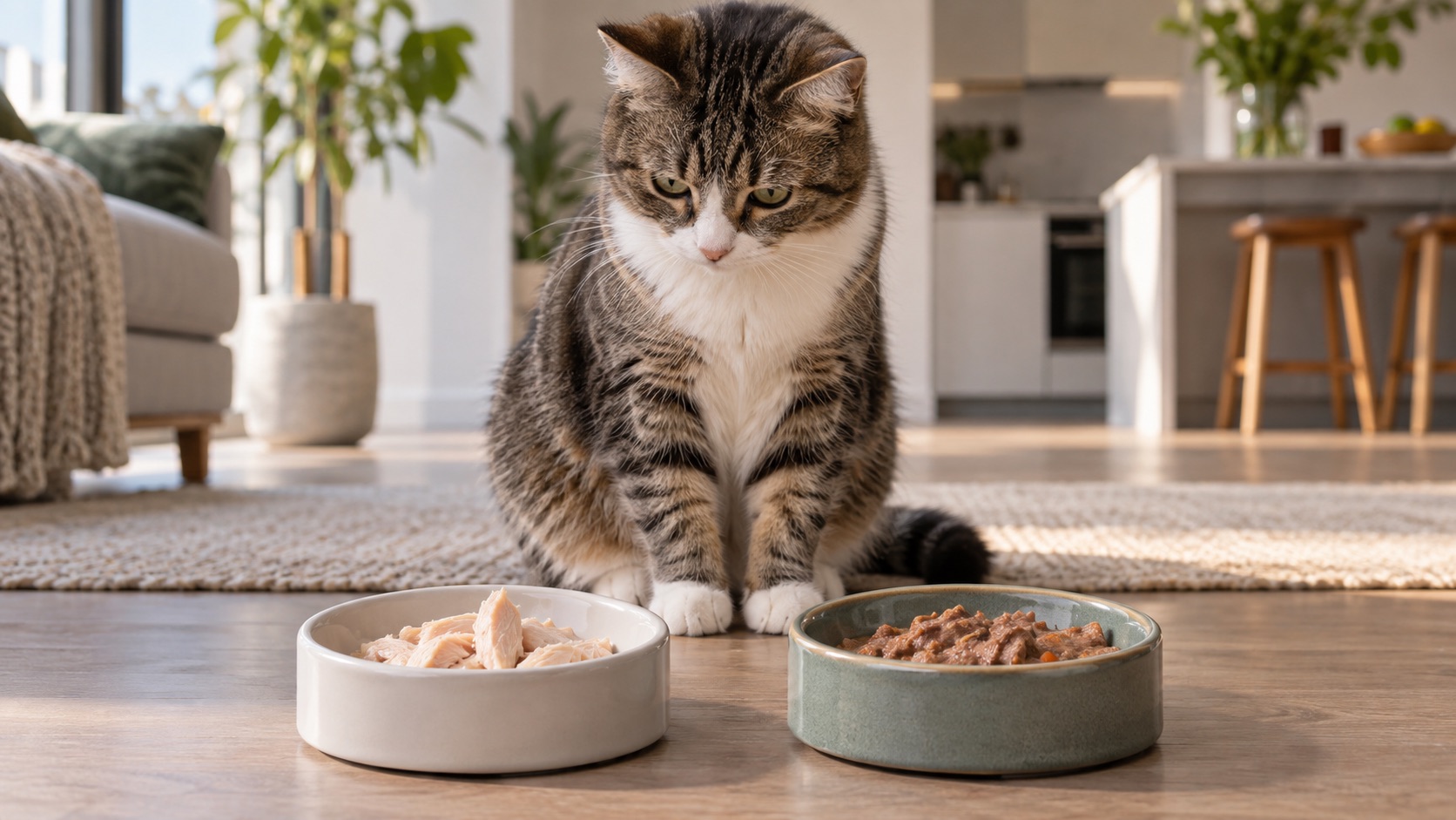 Katze sitzt ruhig vor zwei Futternäpfen in einer modernen Wohnung und betrachtet unterschiedliche Futterarten – symbolisch für die Entscheidung zwischen Ergänzungsfutter und Alleinfuttermittel.