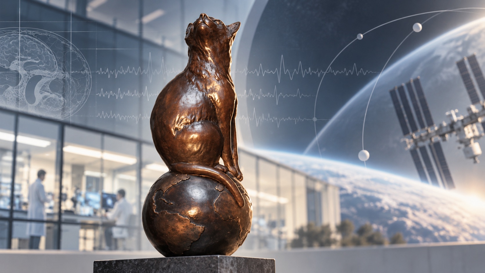 Bronzestatue von Félicette auf einer Weltkugel vor moderner Raum- und biomedizinischer Forschung mit angedeuteten Hirnstrukturen, Messkurven und Raumstation.