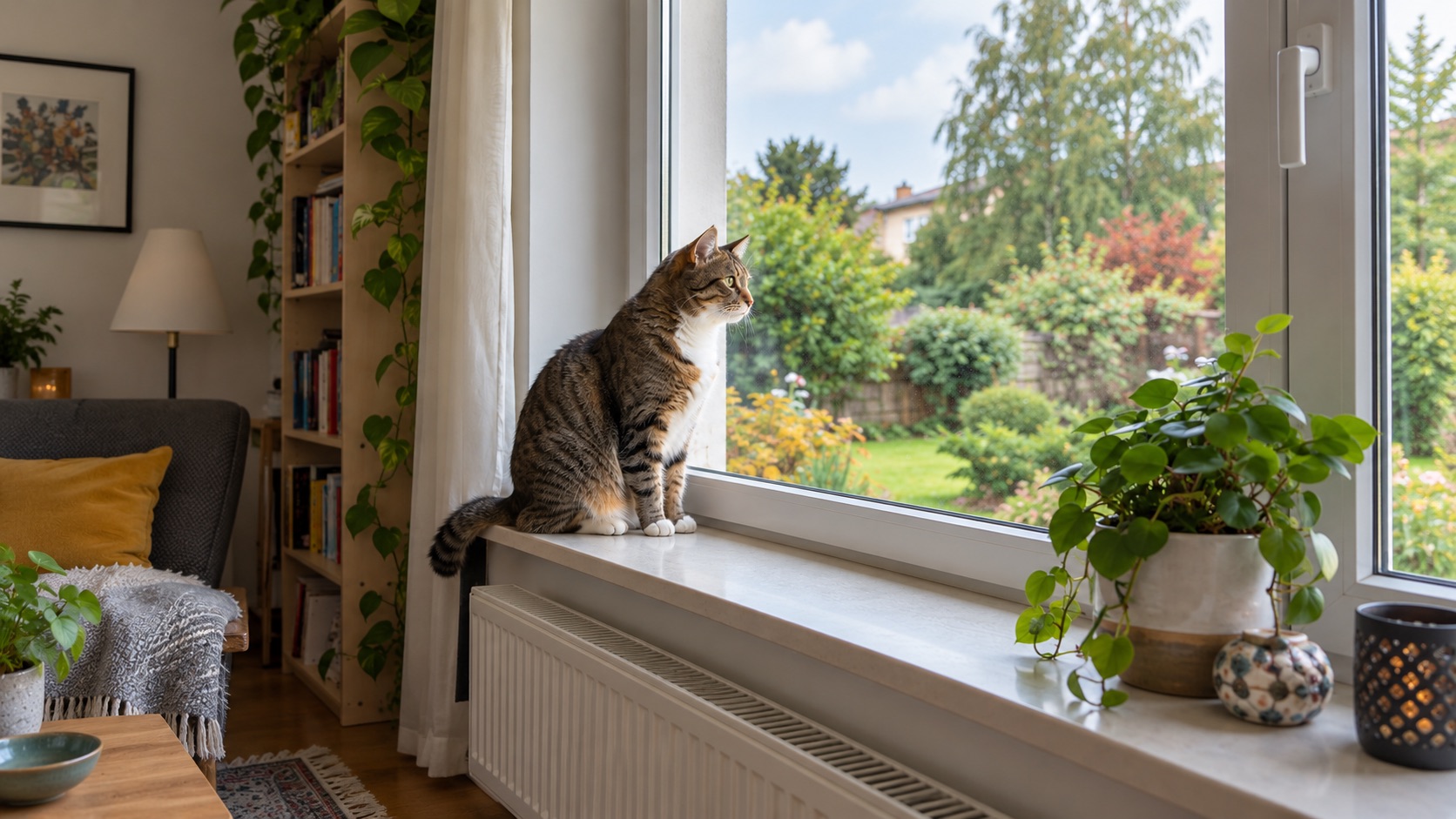 Eine getigerte Katze sitzt auf der Fensterbank und blickt durch die Scheibe in den Garten.
