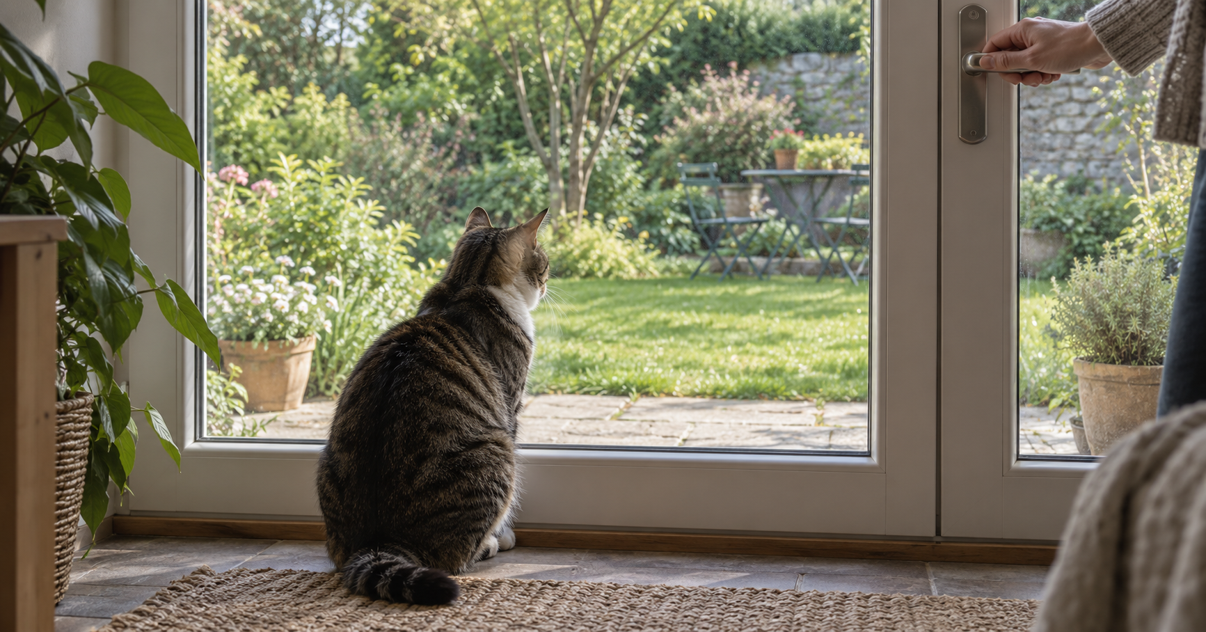 Freigängerkatze sitzt vor einer geschlossenen Terrassentür und blickt in den Garten, während eine Hand am Türgriff über das Öffnen entscheidet.